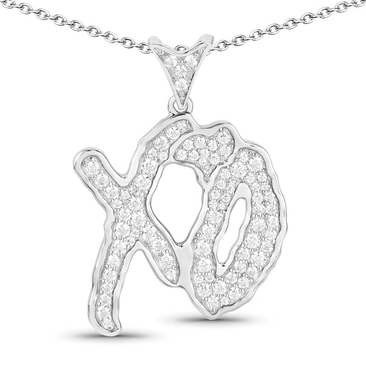 Genuine White Cubic Zirconia "XO" Pendant Necklace in Sterling Silver with Platinum Plating