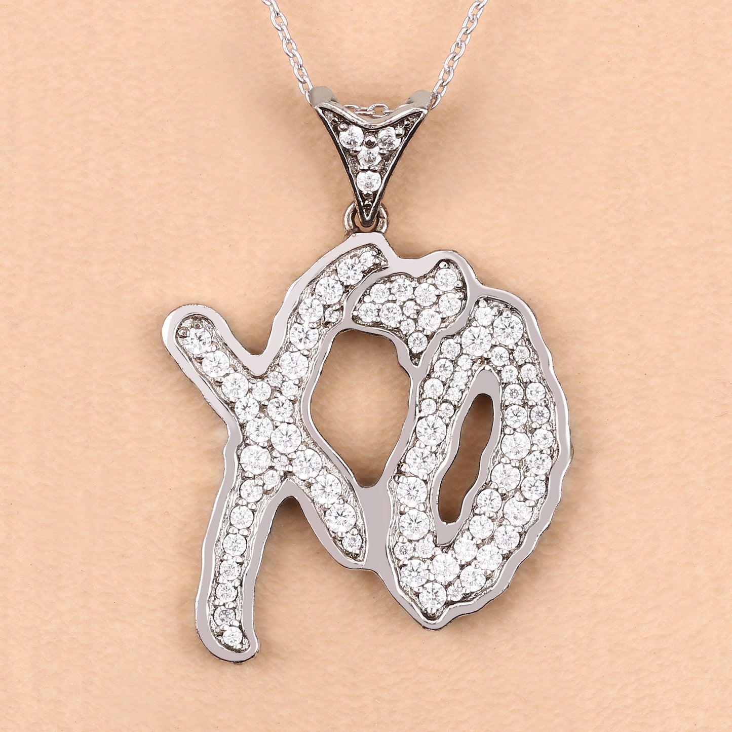 Genuine White Cubic Zirconia "XO" Pendant Necklace in Sterling Silver with Platinum Plating