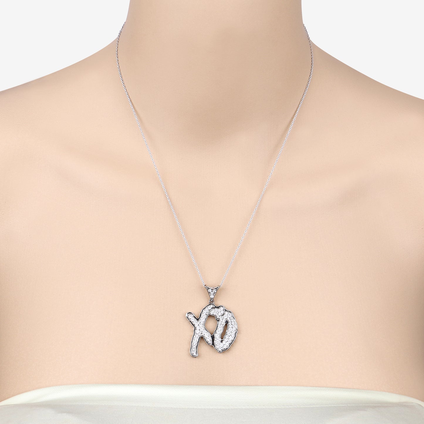 Genuine White Cubic Zirconia "XO" Pendant Necklace in Sterling Silver with Platinum Plating