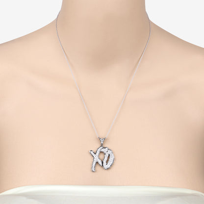 Genuine White Cubic Zirconia "XO" Pendant Necklace in Sterling Silver with Platinum Plating