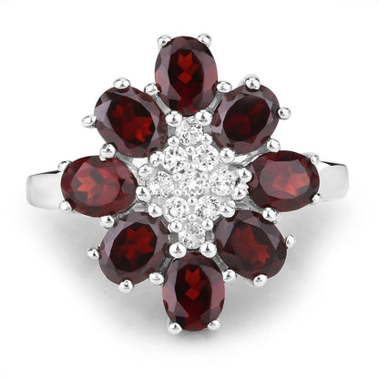 Genuine Garnet and White Topaz Sterling Silver Floral Ring