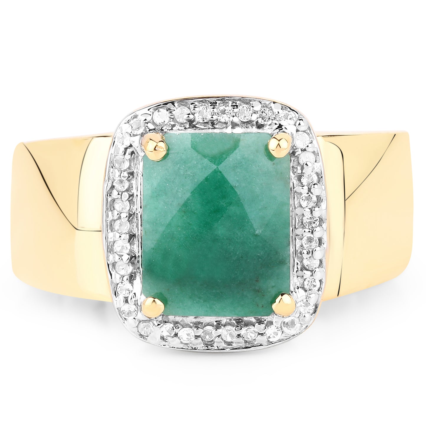 14K Yellow Gold Plated Dyed Emerald and White Topaz Sterling Silver Ring