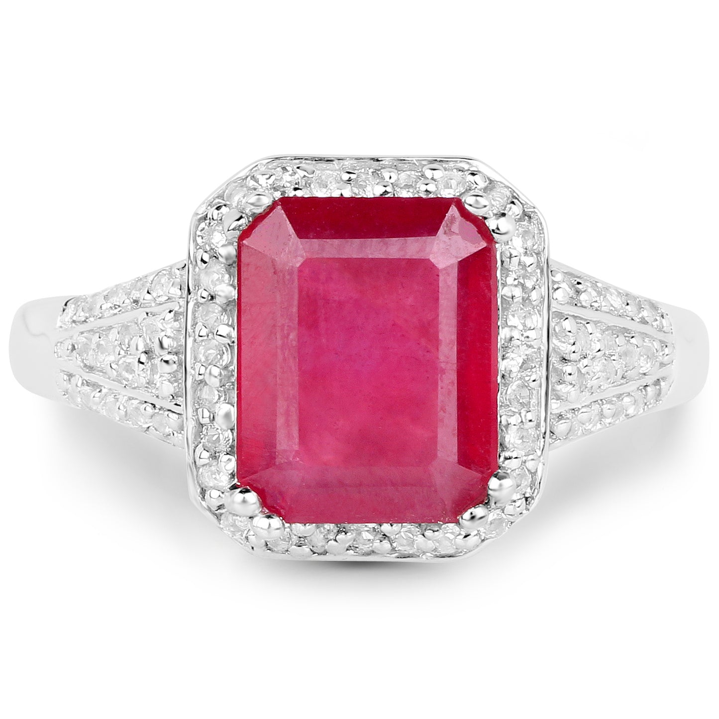 Glass Filled Ruby and White Topaz Sterling Silver Halo Ring