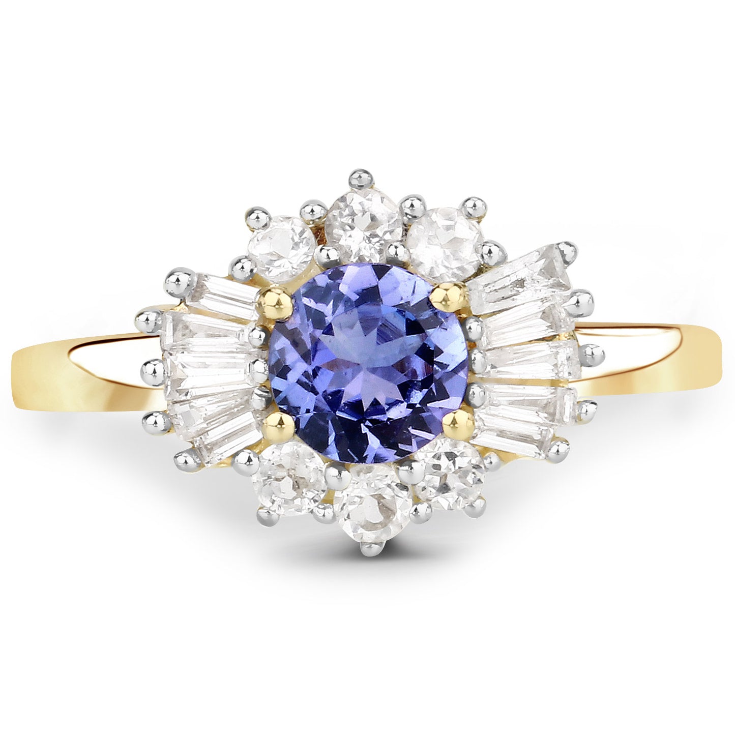 Genuine 14K Yellow Gold Plated Tanzanite and White Topaz Sterling Silver Ring