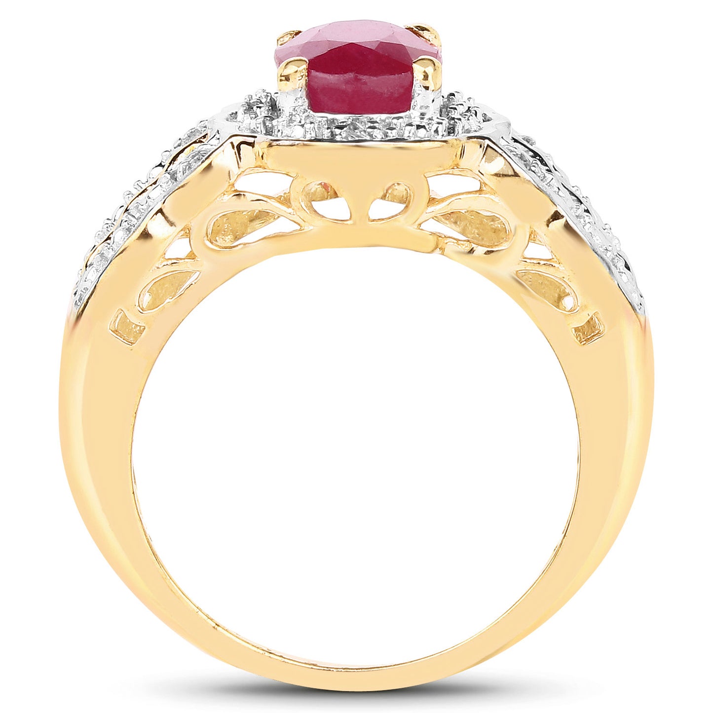 14K Yellow Gold Plated Glass Filled Ruby and White Topaz Sterling Silver Halo Ring