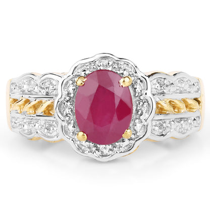 14K Yellow Gold Plated Glass Filled Ruby and White Topaz Sterling Silver Halo Ring