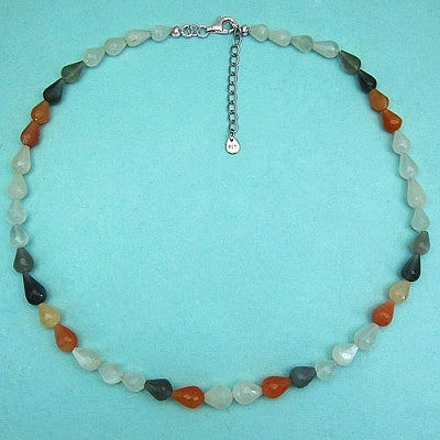 136.00CTW Multi Moonstone Faceted Drops With Straight Drill 45CM Long & 5CM Extendable .925 Sterling Silver Beads Necklace