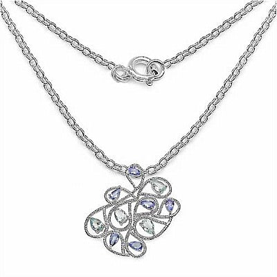 Genuine Aquamarine and Tanzanite Multi-Stone Sterling Silver Filigree Pendant