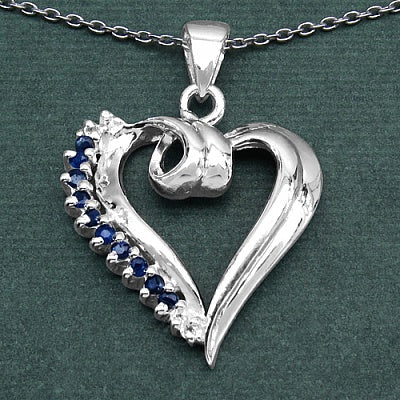 0.36CTW Genuine Blue Sapphire & White Topaz .925 Sterling Silver Heart Shape Pendant