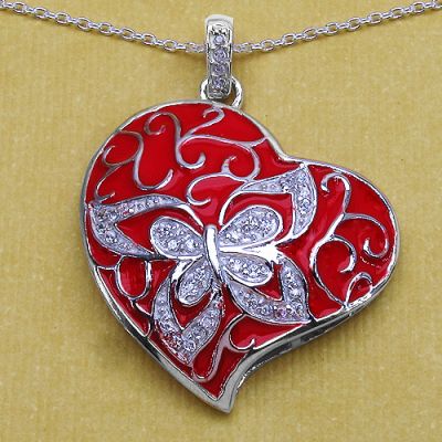 0.34CTW White Cubic Zircon .925 Sterling Silver Pendant With Red Enamel