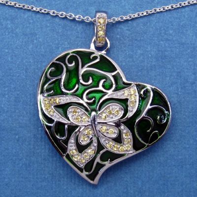 Tashan: 0.34CTW Yellow Cubic Zircon .925 Sterling Silver Pendant With Green Enamel