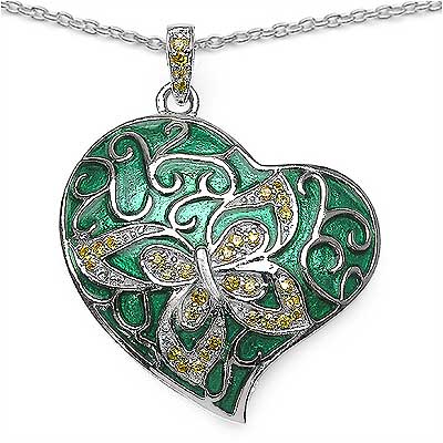 Tashan: 0.34CTW Yellow Cubic Zircon .925 Sterling Silver Pendant With Green Enamel