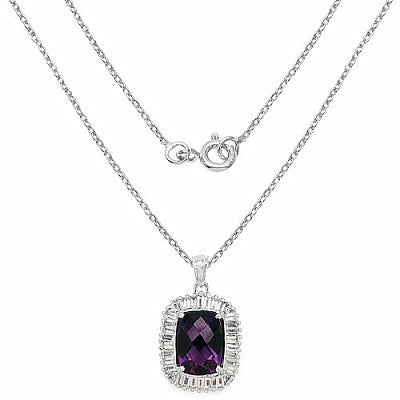 Genuine Amethyst Cushion-Cut & White Topaz Halo Sterling Silver Pendant