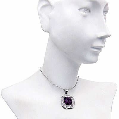 Genuine Amethyst Cushion-Cut & White Topaz Halo Sterling Silver Pendant