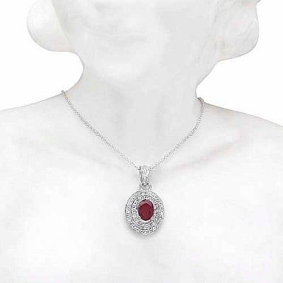 2.52CTW Genuine Glass Filled Ruby & White Topaz .925 Sterling Silver Oval Shape Pendant