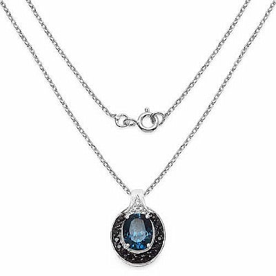 3.93CTW Genuine Blue Topaz, Black Spinel & White Topaz .925 Sterling Silver Oval Shape Pendant