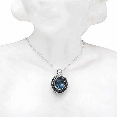 3.93CTW Genuine Blue Topaz, Black Spinel & White Topaz .925 Sterling Silver Oval Shape Pendant