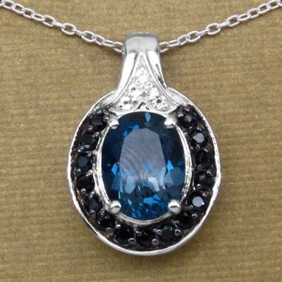 3.93CTW Genuine Blue Topaz, Black Spinel & White Topaz .925 Sterling Silver Oval Shape Pendant