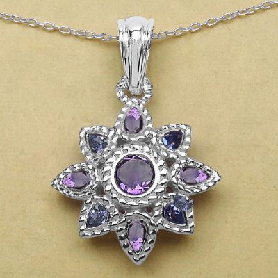 Genuine Amethyst and Tanzanite Sterling Silver Floral Pendant