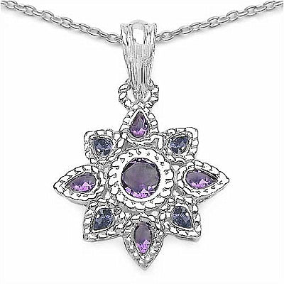 Genuine Amethyst and Tanzanite Sterling Silver Floral Pendant