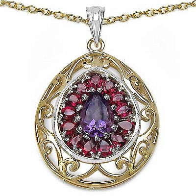 Genuine Amethyst and Rhodolite Sterling Silver Two-Tone Filigree Pendant