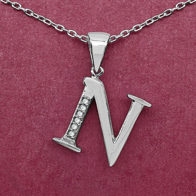 0.06CTW Genuine White Diamond Alphabet Letter N .925 Sterling Silver Pendant