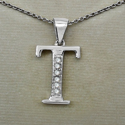 0.06CTW Genuine White Diamond Alphabet Letter T .925 Sterling Silver Pendant