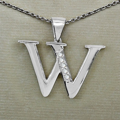 0.05CTW Genuine White Diamond Alphabet Letter W .925 Sterling Silver Pendant