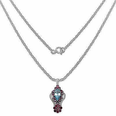 Genuine Aquamarine, Rhodolite and White Topaz Sterling Silver Statement Pendant