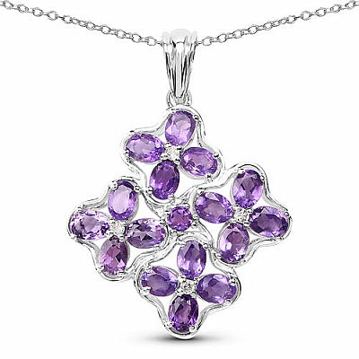 Genuine Amethyst and White Topaz Sterling Silver Floral Pendant