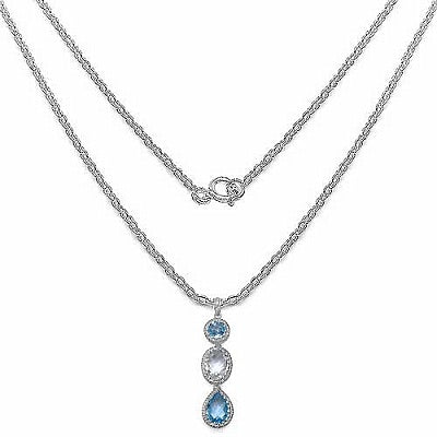 Genuine Crystal Quartz and Blue Topaz Multi-Cut Gemstones Graduated Pendant in Sterling Silver