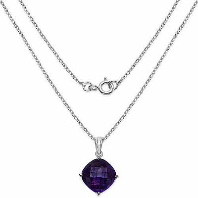 Genuine Amethyst Cushion-Cut Sterling Silver Classic Solitaire Pendant