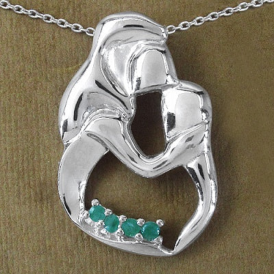 Genuine Emerald Sterling Silver Mother and Child Pendant