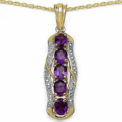 Genuine Amethyst 14K Yellow Gold Plated Sterling Silver 5 Stone Pendant