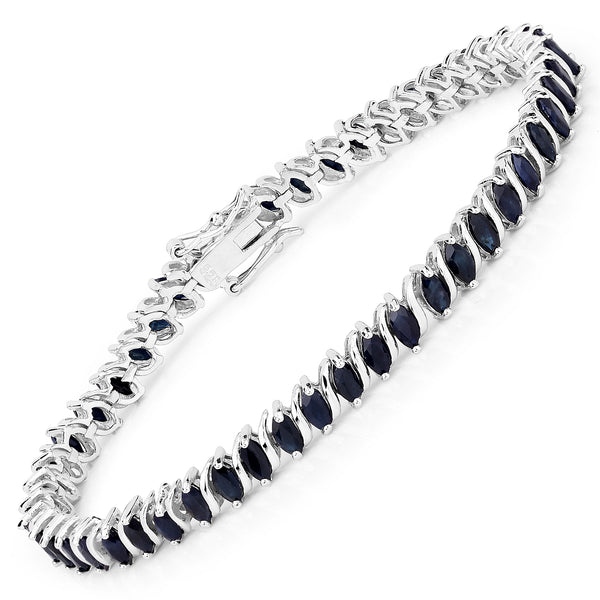 Genuine 14K White Gold Plated Black Sapphire Sterling Silver Tennis Bracelet