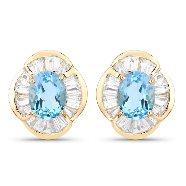 Genuine 14K Yellow Gold Plated Plated Swiss Blue Topaz and White Topaz Sterling Silver Halo Earrings