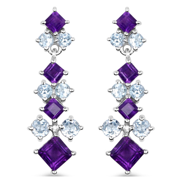 Genuine Amethyst and Blue Topaz Graduated Earrings in Sterling Silver