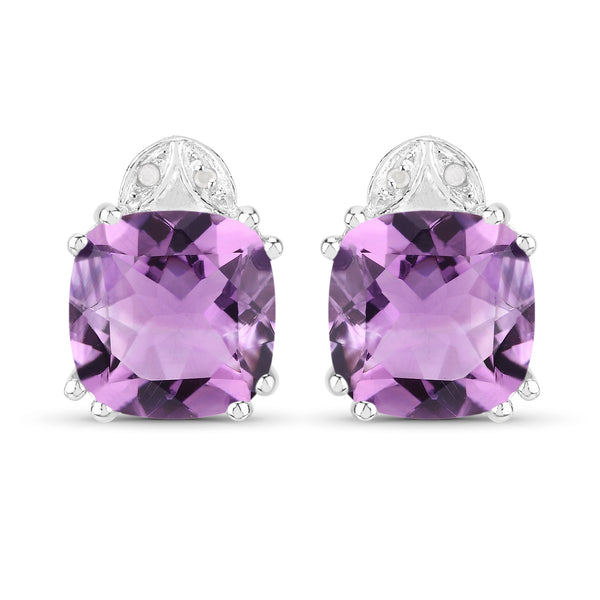 Genuine Amethyst and White Diamond Sterling Silver Stud Earrings