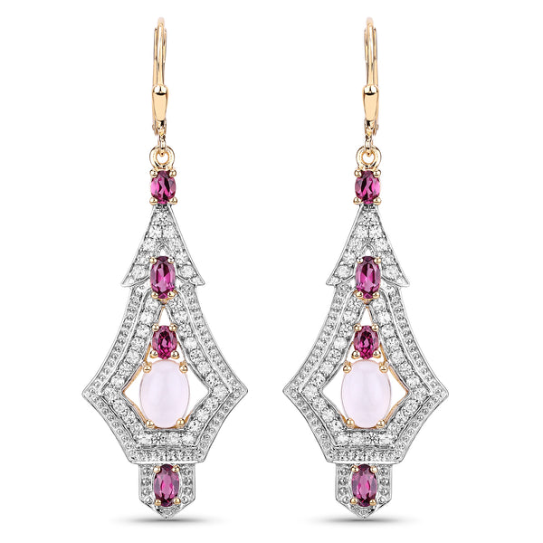 Genuine 14K Yellow Gold Plated Rose Quartz, Rhodolite and White Topaz Sterling Silver Earrings