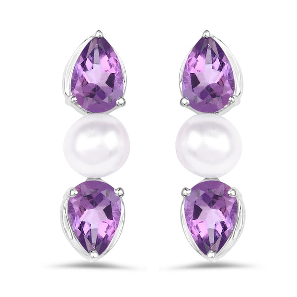 Genuine Amethyst and Pearl Sterling Silver Stud Earrings