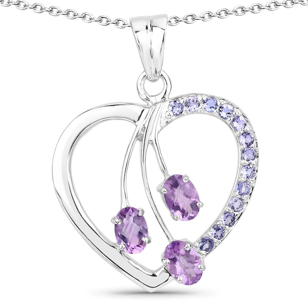 Genuine Amethyst and Tanzanite Sterling Silver Heart Shape Pendant