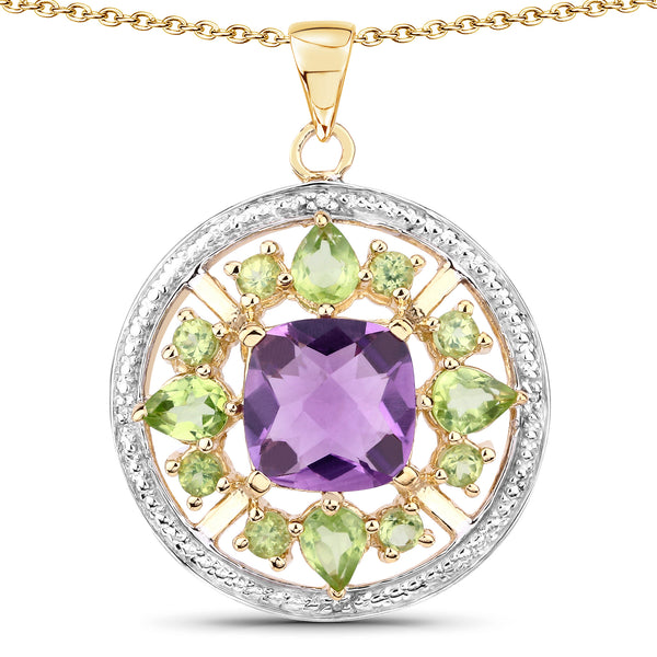 Genuine 14K Yellow Gold Plated Amethyst and Peridot Halo Pendant