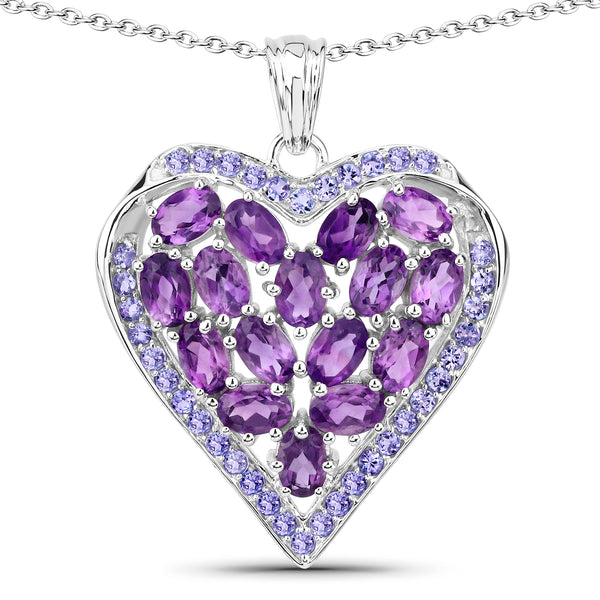 Genuine Amethyst and Tanzanite Heart Shape Sterling Silver Pendant