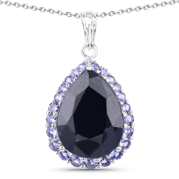 Dyed Blue Sapphire and Tanzanite Sterling Silver Halo Pendant