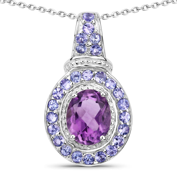 Genuine Amethyst and Tanzanite Sterling Silver Halo Pendant