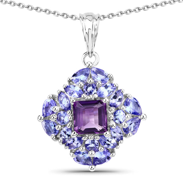 Genuine Amethyst and Tanzanite Cluster Sterling Silver Pendant