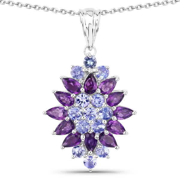 Genuine Amethyst and Tanzanite Cluster Pendant in Sterling Silver