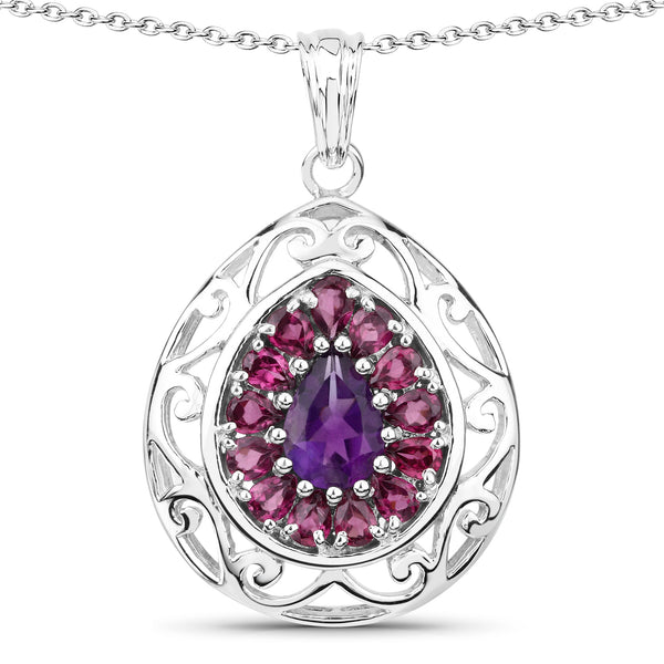 Genuine Amethyst and Rhodolite Garnet Filigree Sterling Silver Pendant