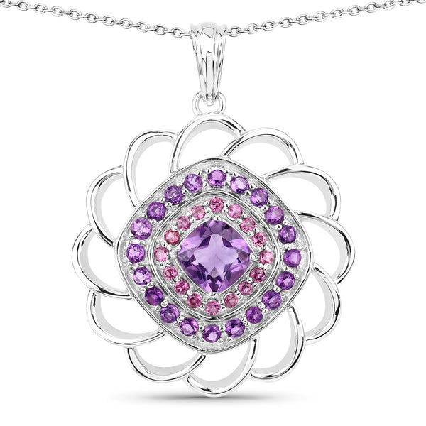 Genuine Amethyst and Rhodolite Garnet Filigree Sterling Silver Pendant