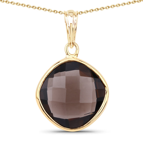 Genuine 14K Yellow Gold Plated Plated Smoky Quartz Sterling Silver Solitaire Pendant